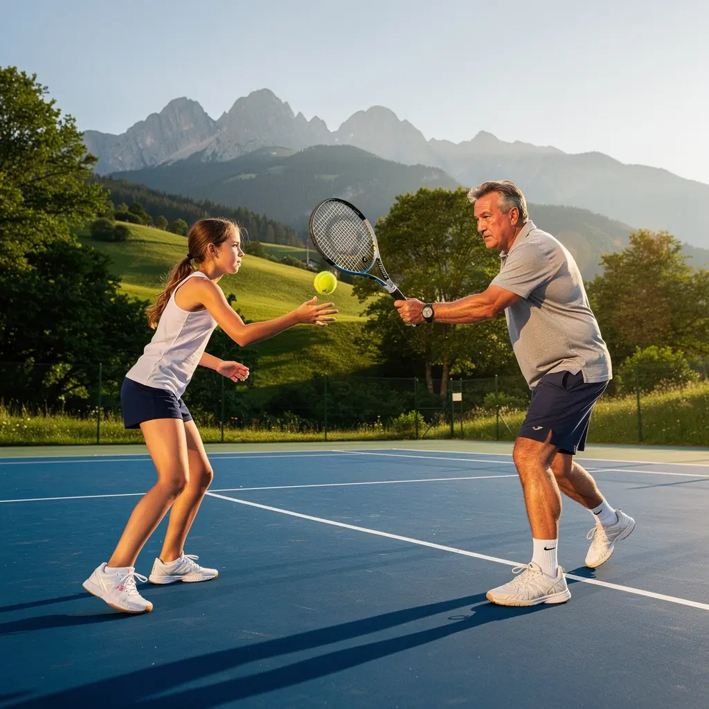 Ein Trainer demonstriert die richtige Schlagtechnik beim Tennis.