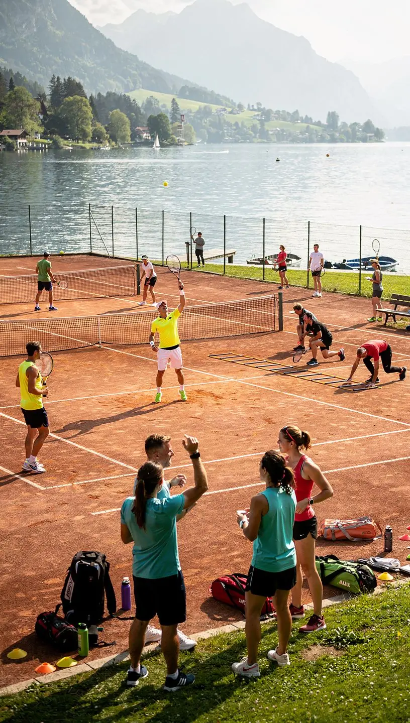 Eine Gruppe von Tennisspielern nimmt an einem Online-Training zur Verbesserung ihrer Fitness teil.