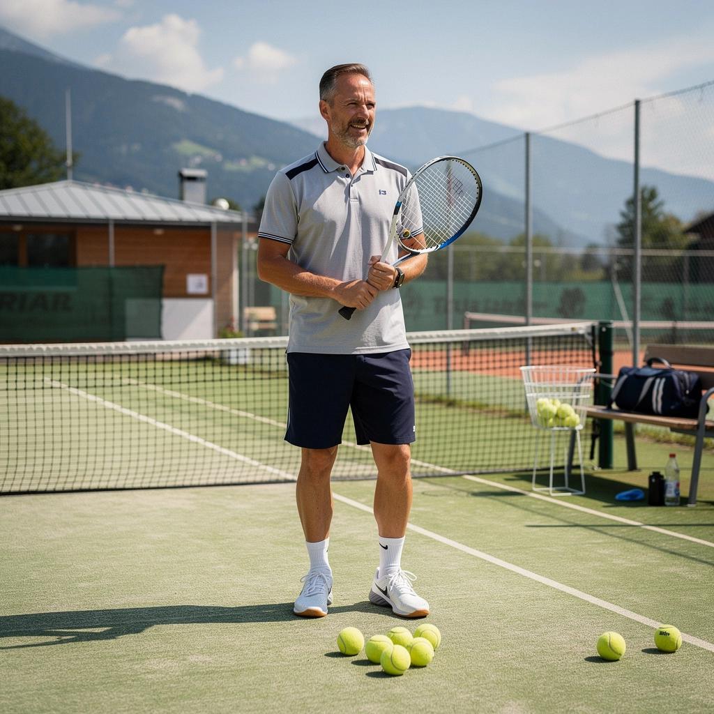Ein Bild zeigt verschiedene Tennisrackets und Bälle zur Auswahl.